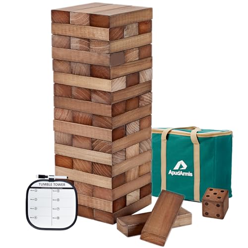 ApudArmis Giant Tumble Tower Stack to Over 5Ft, 56 PCS Pine Wooden Stacking Timber Game with 1 Dice Set - Classic Block Giant Outdoor Game (7.48 * 2.48 * 1.5In Each Block, Brown) - color: Brown, size: XL-Over 5FT