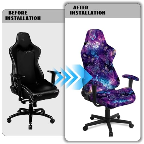 Suobstales Galaxy Butterfly Pattern Gaming Chair Cover with Armrest Covers, Stretch Computer Desk Chair Covers Gamer Chair Slipcovers for Reclining Racing Gaming Chair - color: Galaxy Butterfly