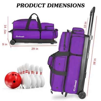 Goloni 3 Ball Bowling Bags with Wheels - Rolling Bowling Bag for 3 Balls & Accessories - Retractable Handle Extends to 38 - color: Purple