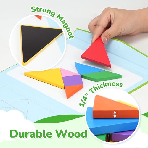 BenBen Travel Tangram Puzzle with 2 Sets Magnetic Wooden Shapes for Kids | Extra Large Dual-Sided Magnet Surface, Color Pattern IQ Book, Road Trip Car Plane Game, Educational STEM Toys for Kids Adults - style: 14 Pieces Blocks
