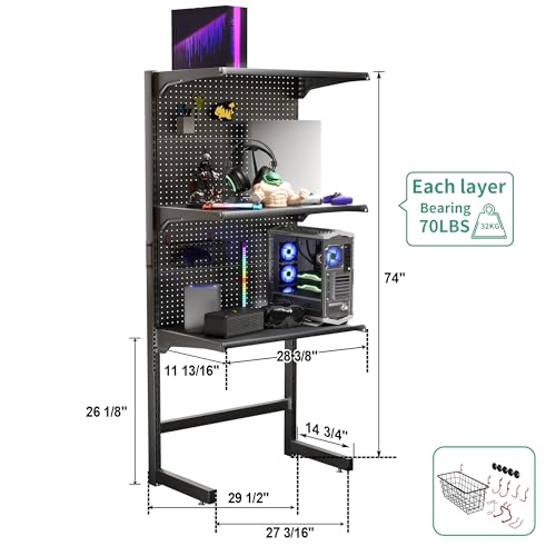 JWX DDB Gaming Standing Shelf Units, 30‘’ Free Standing Gaming Shelf Pegboard Cabinet with Home Office Metal Pegboard and 15 Pieces Organizer Tool Holders - color: Frosted Black