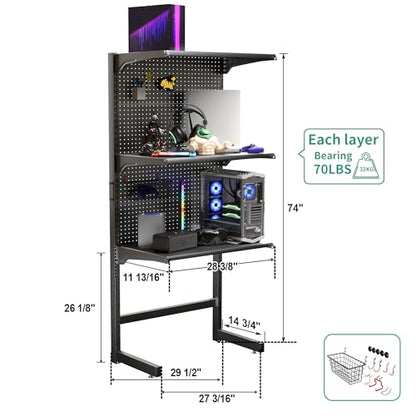 JWX DDB Gaming Standing Shelf Units, 30‘’ Free Standing Gaming Shelf Pegboard Cabinet with Home Office Metal Pegboard and 15 Pieces Organizer Tool Holders - color: Frosted Black