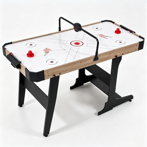RAYKEEP 57" Foldable Air Hockey Table for Kids & Adults, Space-Saving Arcade Game Table with LED Light-Up Scoreboard, Powerful 12V Motor for Family Game Rooms - color: Wood grain