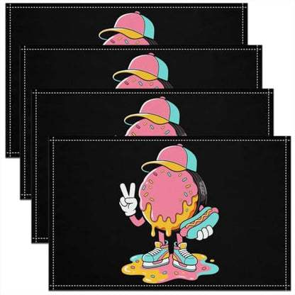 jejeloiu Ice Hockey Placemats Set of 4 12x18 Inch Ice Cream Drip Donut Sprinkles Table Mats for Kitchen Holiday Cute Hat Hot Dog Place Mat for Dinner Table Indoor Non-Slip Easy to Clean Washable - color: Blue Yellow