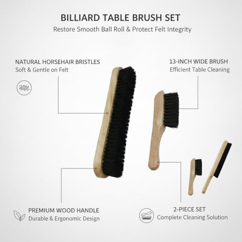 Billiard Table Brush Set, Natural Horsehair Bristles with Wood Handle for Pool Table Felt, 2-Pack - size: 12.99 x 3.35 x 1.57 in