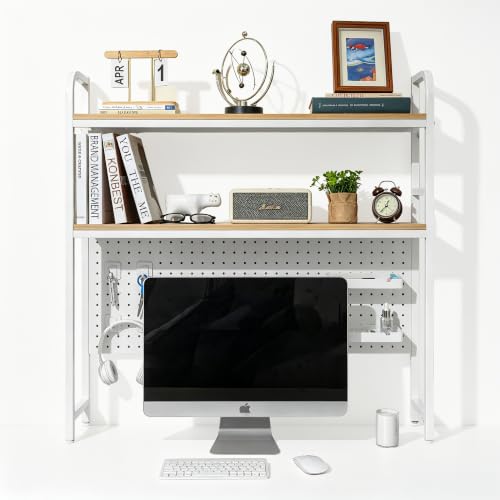 deli Desktop Shelf, Desk Hutch with Grid Panel, Desktop 2-Tier Display Rack, Multipurpose Metal Desktop Bookshelf Storage Organizer, White - color: Fashion White