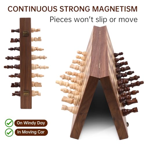Ajedrez Magnetic Wooden Chess Set, 15" Walnut Folding Chess Board with Handcrafted Pieces 2 Extra Queens, Portable Travel Chess Board Game for Adults Kids, Gift Box & Storage Bag - color: Blue