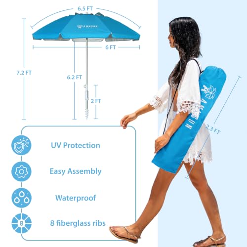 AMMSUN 6.5ft Twice Folded Portable beach umbrella with Sand Anchor Windproof Tilt Pole Air vent UPF 50+ Protection Fits in a large Suitcase Compact For Travel Patio Garden Pool Backyard Sky Blue - color: 6.5ft Light Blue