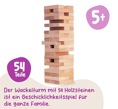 Eichhorn Stacking Game, Skill Game for The Whole Family, Balance Tower Made of Untreated Wood, Wobble Tower 54 Pieces, Suitable from 5 Years