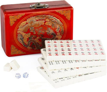 Chinese Mahjong Set | 146PCS Mini Tiles，0.87" x 0.59" x 0.47" Tiles, 2PCS Dot Dice, 6.7" Wooden Carry Case, For Travel, Family Gathering, Party