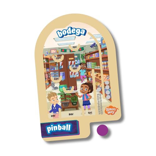 Upbounders® Alma’s Way™ Bodega Wooden Pinball – Pocket-Size Wooden Travel Pinball Toy for Kids 3+ – Neighborhood Shop Pretend Play