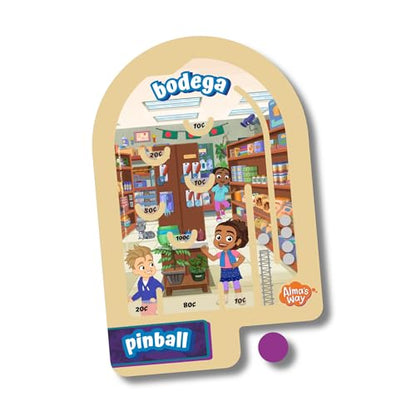 Upbounders® Alma’s Way™ Bodega Wooden Pinball – Pocket-Size Wooden Travel Pinball Toy for Kids 3+ – Neighborhood Shop Pretend Play