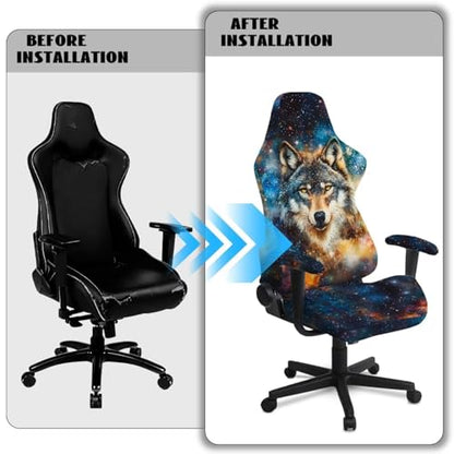 Suobstales Galaxy Wolf Pattern Gaming Chair Covers Waterproof Cat Scratch Proof Stretch Game Chair Cover with Armrest Anti-Scratch Protection for Ergonomic Gaming Rotating Desk Chair - color: Galaxy Wolf