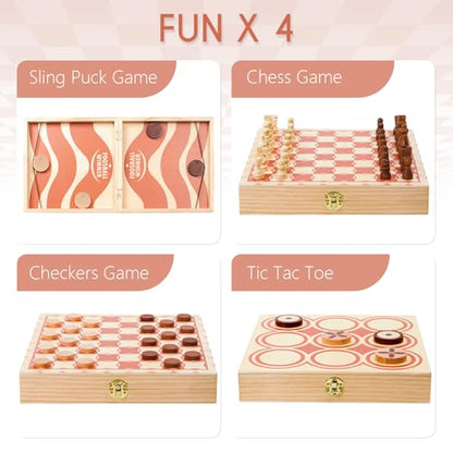 RM ROOMERS 4 in 1 Large Wooden Fast Sling Puck Games Set for Adults,Chess, Checkers,Tic Tac Toe,Portable Folding Travel Tabletop Board Game Sets,Interactive Families Game Night Toy Slingshot