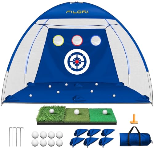 FILORI Heavy Duty Golf Practice Net 10x7FT with Tri-Turf Mat, All-in-One Golf Training Aid for Backyard Driving Chipping Swing, Indoor Outdoor Use, Blue