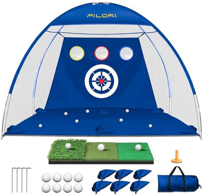 FILORI Heavy Duty Golf Practice Net 10x7FT with Tri-Turf Mat, All-in-One Golf Training Aid for Backyard Driving Chipping Swing, Indoor Outdoor Use, Blue