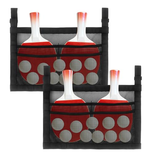 Klmnop 2 Pack Ping Pong Paddle Storage Bag with Mesh Organizer, Hanging Under Table Tennis Racket Holder for 4 Paddles and Balls, Sports Equipment, Easy Install with Straps