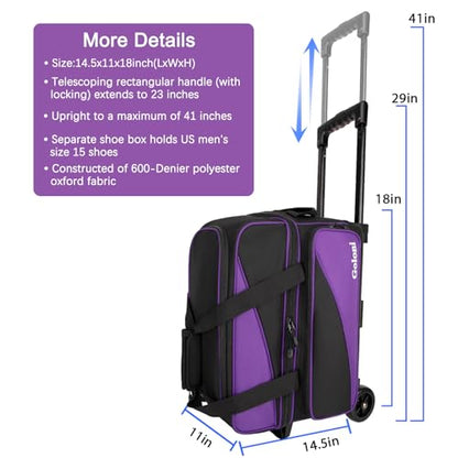 Goloni 3 Ball Bowling Bag with Wheels, 2+1 Double Roller Bowling Bag with Shoe Compartment,Tote Bag for Bowling Accessories - color: 2 Ball-Purple