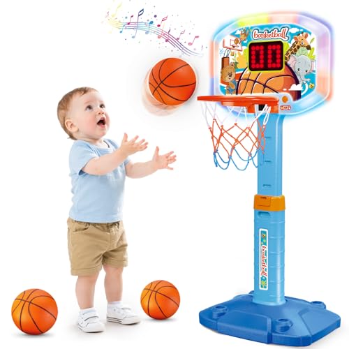 Toddler Basketball Hoop Indoor for Age 1-3, Kids Basketball Hoop with Led Light Scoreboard, Adjustable Basketball Goal with 3 Balls, Outdoor Sport Toy for 1 2 3 4 Year Old Baby Boy Girl Birthday Gift