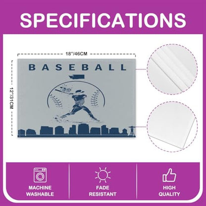 Erosebridal Baseball Place Mat Set of 4 Softball Placement Mats Sports Games Placemats Athlete City Silhouette Table Mats for Kitchen Dining Table, Navy Blue Grey - color: Navy Blue Grey