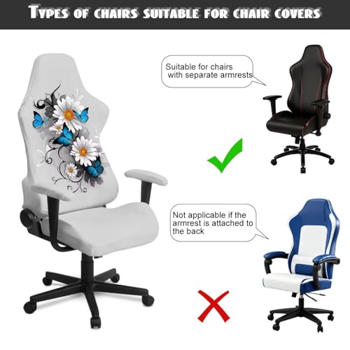 Butterfly Daisy Print Gaming Chair Cover with Armrest Covers Anti-Dust Soft Elastic Computer & Gaming Chair Slipcover Universal Fit Office Desk & Racing Computer Gamer Chairs - color: Grey - Butterfly Daisy