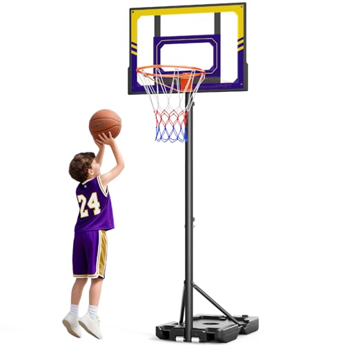 TONBUX Kids Basketball Hoop Outdoor, 3.5-7ft Stepless Adjustable Height, Portable Basketball Hoop for Kids in Backyard, Driveway and Indoor, Shatterproof PC Backboard - color: Purple and Gold