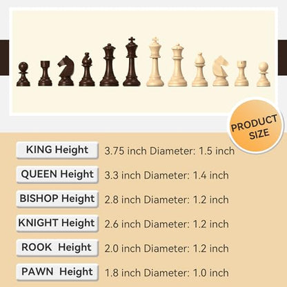 doowroodni Wooden Chess Pieces Large 3.75inch King Set of Luxury Staunton Wood Chessmen with 2 Extra Queen for Chess Board Game (Chess Pieces Only), Velvet Storage Bags Included