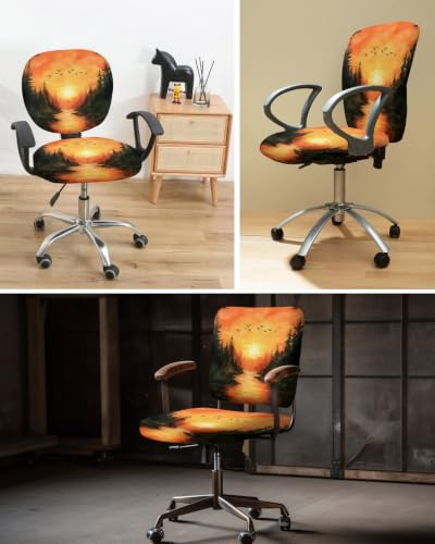 Savannan Office Chair Cover, Gradient Orange Sky Sunset Protective Stretch Elastic Universal Cover for Desk Task Chair,Computer Rotating Chair 1 Pcs Retro Abstract Forest