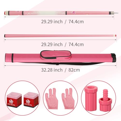 Pink Pool Cue 19oz - 58 inch Canadian Maple Wood 13mm Leather Tip, Floral Design Metallic Paint Lacquer, 3/8×8 Joint with Case, Chalks, Gloves, Protectors