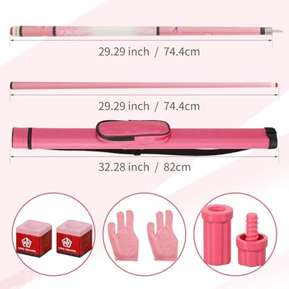 Pink Pool Cue 19oz - 58 inch Canadian Maple Wood 13mm Leather Tip, Floral Design Metallic Paint Lacquer, 3/8×8 Joint with Case, Chalks, Gloves, Protectors