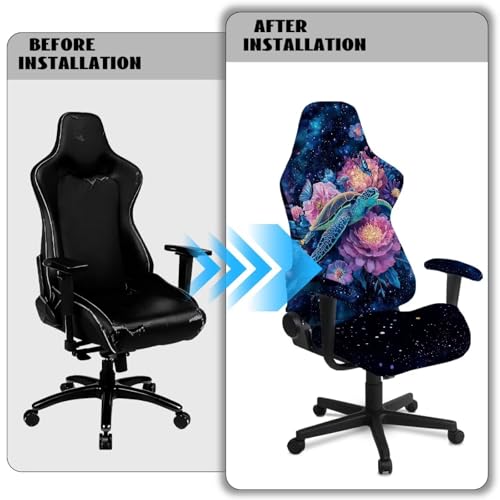 Suobstales Galaxy Turlte Butterfly Flower Pattern Gaming Chair Covers Slipcovers Non Slip Office Desk Chair Cover with Armrest Covers, Stretch Computer Chair Cover Ergonomic Rotating Game Chair Covers - color: Galaxy Turlte Butterfly Flower