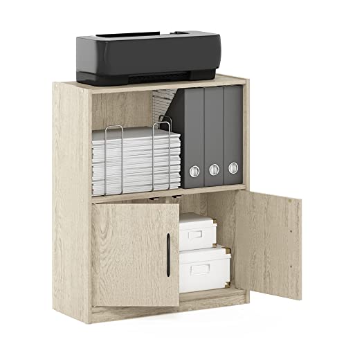 Furinno GRUEN Book Shelf, 2-Tier Small Bookshelf, Bookcase with Open Shelf and Doors Storage Cabinet, 9.3 x 21.8 x 27, for Organization, for Living Room, Bedroom, Home Office, Metropolitan Pine - color: Metropolitan Pine, size: 2-Tier with Cabinet