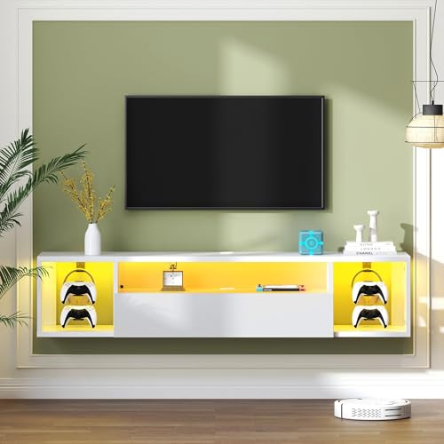 55" White TV Gaming Console with LED Lights 4 Controller Hooks 2 Headphone Hooks, Hidden Storage Cabinet, 30KG Top Load Capacity