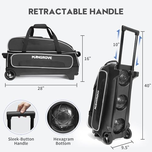 Mangrove 3 Ball Bowling Bag with Wheels & Shoe Compartment, Deluxe Bowling Ball Bag 3 Ball Roller, Rolling Triple-Ball Bag w/Accessory Pocket & Retractable Handle Extends to 40'' - color: Black