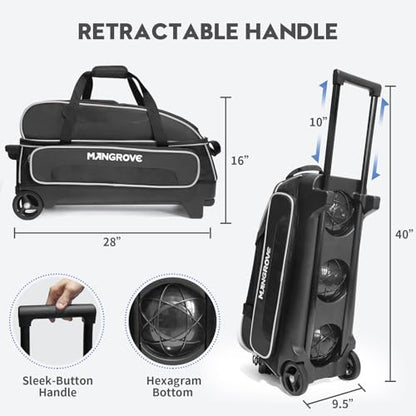 Mangrove 3 Ball Bowling Bag with Wheels & Shoe Compartment, Deluxe Bowling Ball Bag 3 Ball Roller, Rolling Triple-Ball Bag w/Accessory Pocket & Retractable Handle Extends to 40'' - color: Black