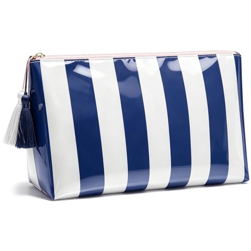Navy Blue Striped CLear Sunscreen Makeup Bag for Beach,Large Waterproof Cosmetic Travel Pouch for Women,Preppy Aesthetic Toiletry Bag,Beach Pool Summer Essentials Bag For Women Girls(Navy Blue White) - color: Navy Blue White