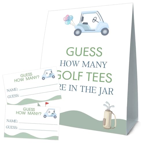 GOLF Brithday Decorations, Guess How Many Golf Tees Are in the Jar, Suite for Birthday Party Bridal Shower Wedding Activit, 50 Cards and Sign - size: 5" x 7" (sign), 3.5" x 2" (guess cards)