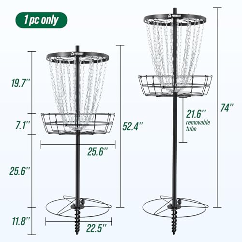 Disc Golf Basket with 24/12 Heavy Duty Chains, Disc Golf Target with Adjustable Height/Sound Reducer & Remote LED Light & Light Up Discs, Durable Practice Goal with Ground Stake for Backyard