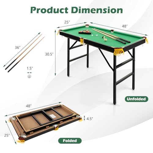 48” Mini Foldable Billiards Table, Portable Pool Game Table with 2 Cue Sticks, 16 Balls, Triangle, Chalks & Brush, Indoor Outdoor Game Table for Kids Adults, Family Game Room, Party