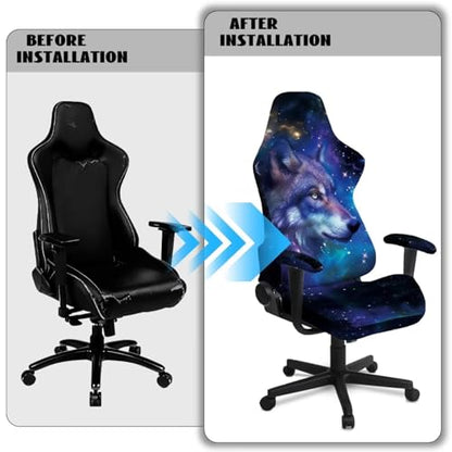 Suobstales Galaxy Wolf Pattern Game Chair Cover with 1 Pair Armrest Cover, Anti-Scratch Protection Rotating Chair Slipcovers, Stretchy Covers for Racing Gaming Chair - color: Galaxy Wolf