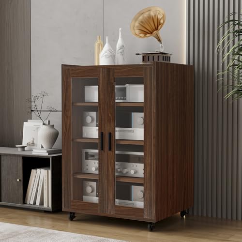 ELECWISH Media Storage Cabinet, Audio-Video Media Stand,Stereo Cabinet with 4 Height-Adjustable Shelves, AV Rack with Glass Doors for Meeting, Living, Recording Room, Brown - color: Brown