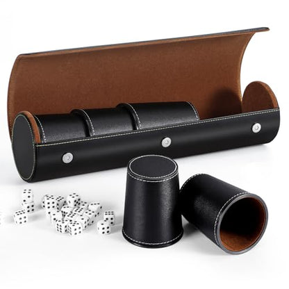Leather Dice Cup Set, 5 Black Dice Cups + 25 Dices + Exclusive Storage and Transport Case Made of Faux Leather for Dad(Black) - color: Black