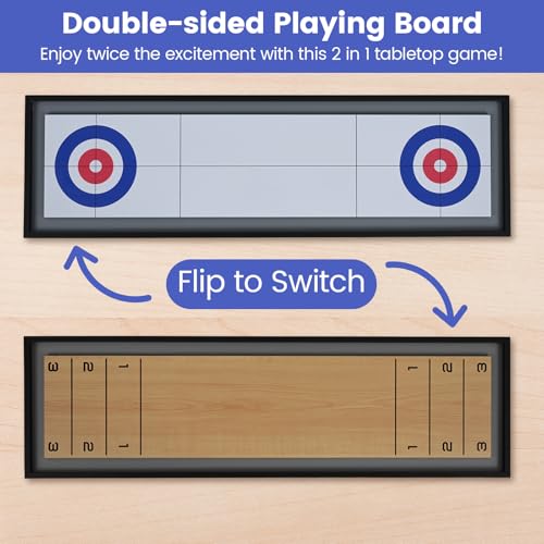 Goplus Shuffleboard and Curling 2 in 1 Board Game, Portable 2 Sided Tabletop Shuffle Board Game with 8 Rolling Pucks, Wooden Shuffleboard and Curling Combo Game Set for Adults