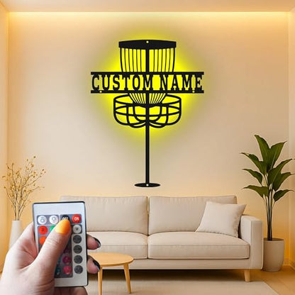 Custom Disc Golf Basket Led Light Metal Wall Art Personalized Gift for Disc Golfers Game Room or Outdoor Decor