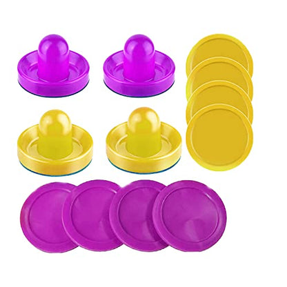 Air Hockey Pushers and Pucks - Air Hockey Paddles and Goal Handles Replacement Accessories for Game Tables (4 Pushers, 8 Pucks) - color: Yellow&Purple