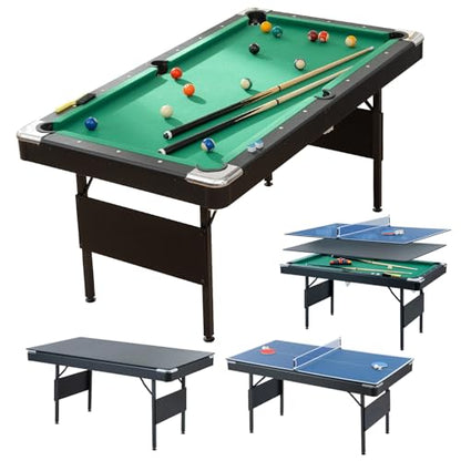 3 in 1 Pool Table Ping Pong Dining Table Combo,63.8 Foldable Billiard Tables/Table Tennis, Multi Game Table, with Billiard and Tennis Paddles Accessories - color: 3 in 1 Pool Table+Green
