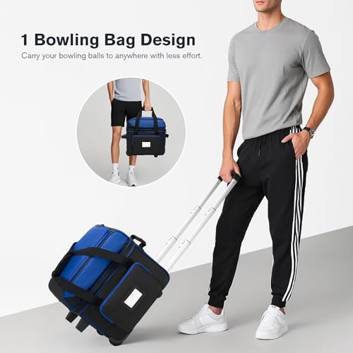 Single Roller Bowling Bag with Wheels, 1 Bowling Ball Bag with Separate Shoe Compartment and Retractable Handle Extends to 37.0 Inches, Padded Foam Ball Insert - color: Blue