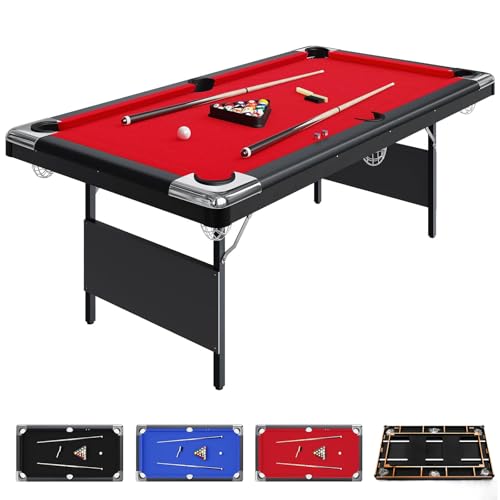 GarveeLife 7 Foot Pool Table, Portable Billiards Tables, Folding Pool Table Includes Full Set of Billiard Balls, 2 Cue Sticks, Chalk & Felt Brush for Family Game Room - color: Red