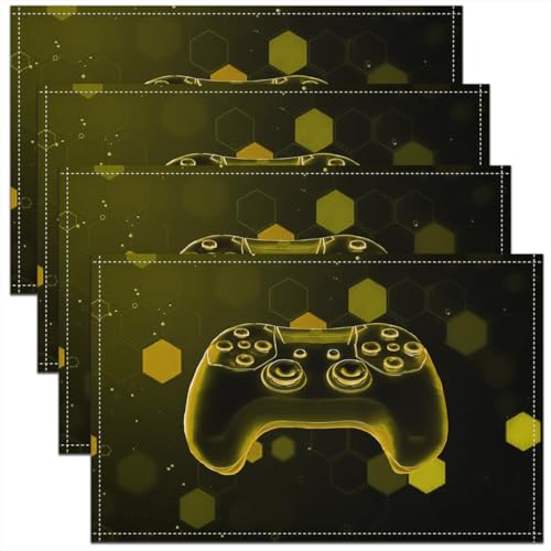 Erosebridal Boys Gaming 4 PCS of Placemats 12x18 Joystick Place Mat for Dining Table Hexagon Spots Non Slip Table Mats Yellow Modern Honeycomb - color: Yellow