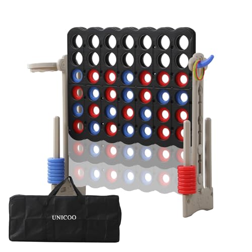 UNICOO Jumbo 4-in-a-Row Game Set, Height Adjustable Indoor Outdoor Yard Game with Basketball Hoop, Ring Toss & Carrying Bag, Family Party Lawn Game for Kids and Adults - color: Grey & Black
